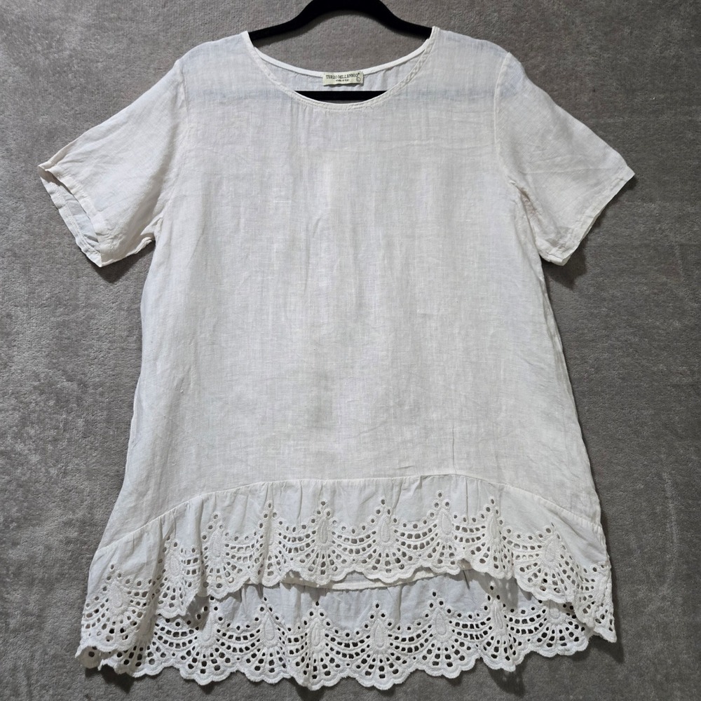 Terzo Millennio Linen Eyelet‎ Top Women Large Boho Coastal Lagenlook Natural